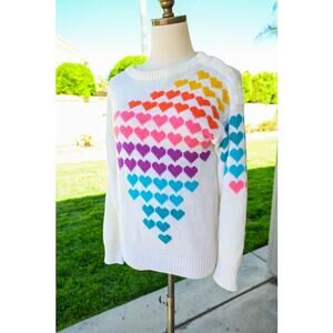 Women's Vintage Knit Sweater Cream with Multi Color Hearts